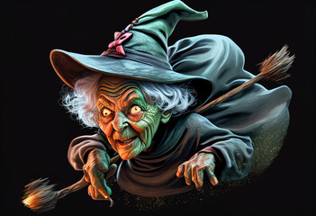 Fototapeta na wymiar Wicked, old witch with a broom on a black background. AI Generated