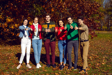 Happy, joyful friends showing thumbs up all together. Group of cheerful young people standing in a sunny autumn park, giving thumbs up and smiling