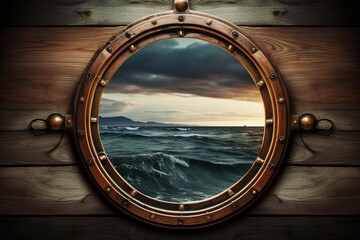 Boat with window, view on the sea. Beautiful illustration picture. Generative AI