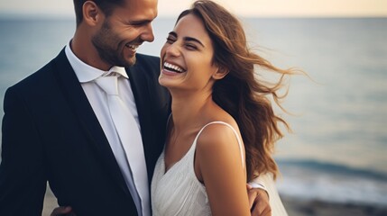 Bride and groom on the beach. Beautiful illustration picture. Generative AI