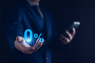 Businessman showing zero percentage or 0 percent for special offer of shopping department store and...