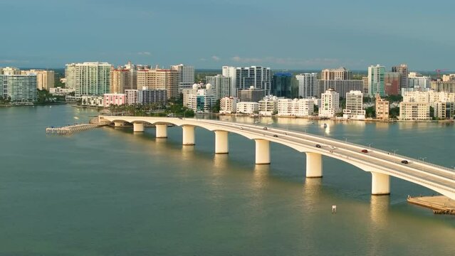 Sarasota city downtown with Ringling Bridge and expensive waterfront high-rise buildings in Florida. Urban travel destination in the USA
