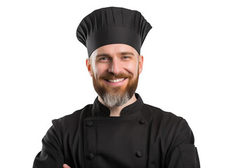 Fototapeta premium Cheerful chef in black, cut out
