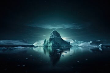 Massive Antarctic iceberg floating in calm cold water on night sky background