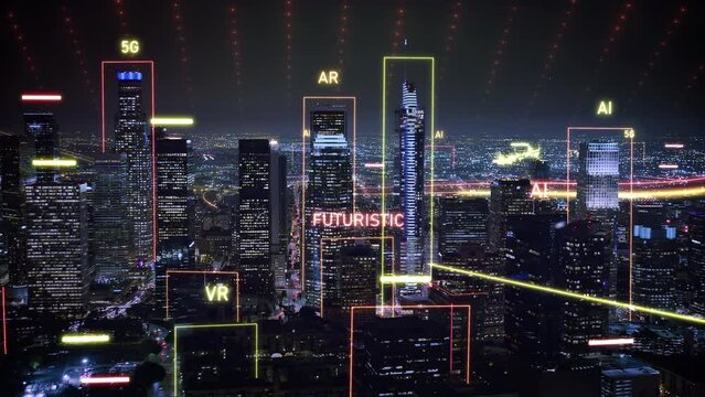 Aerial view of Smart City Skyline with Futuristic Neon Style Technological Concepts, Computer Network and Big Data Connections. Metaverse, Augmented Reality, VR, IOT over Los Angeles.