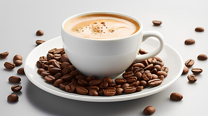 Cup of coffee with coffee beans on a white background. 3d rendering