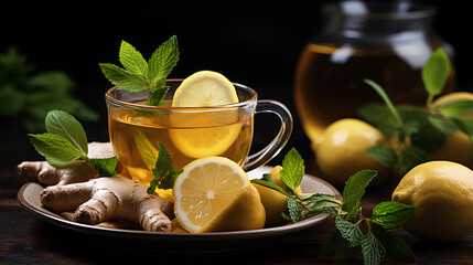 Cup of ginger tea with lemon and mint on dark wooden background