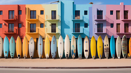 Colorful houses and surfboards on the beach - obrazy, fototapety, plakaty