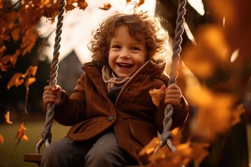 Little boy having fun on a swing on an autumn day - obrazy, fototapety, plakaty
