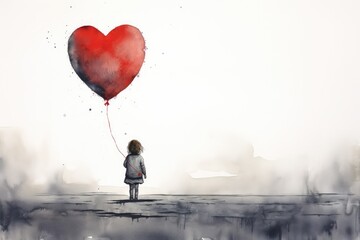 Lonely Child With Symbolic Red Balloon in The Shape of Heart