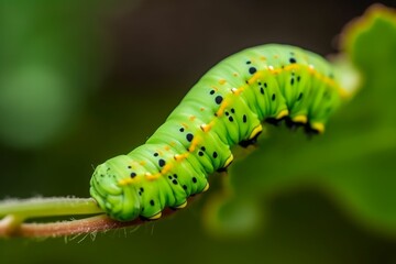 A vibrant caterpillar on a lush green leaf