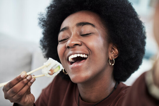Sushi, seafood and restaurant with selfie of black woman at home for brunch, Japanese cuisine and social media. Profile picture and health with face of customer for nutrition, diet and fine dining
