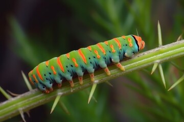 A colorful caterpillar perched on a vibrant plant