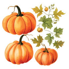 set of autumn pumpkins and leaves in vector water color illustration style, isolated on white