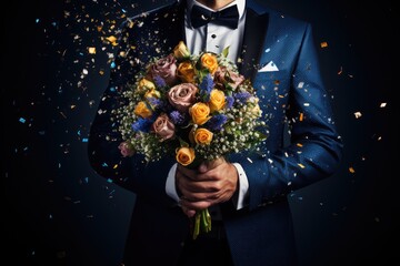 Man in a suit holding a bouquet of flowers