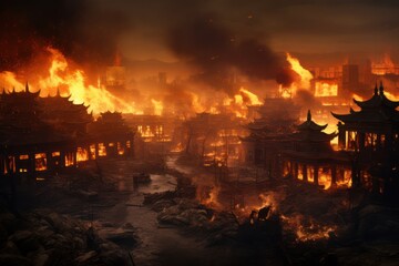 A burned city, apocalyptic scene , traditional chinese pavillion in flame, generative ai 