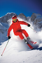Sports shot of a skier riding down a mountain. The skier wears a red clothing and an helmet and snowy summit in background - obrazy, fototapety, plakaty