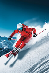 Sports shot of a skier riding down a mountain. The skier wears a red clothing and an helmet and snowy summit in background