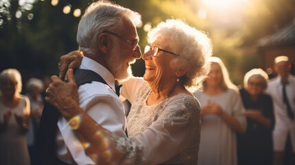 Happy dancing romantic loving old couple at the wedding, outdoor, sunset light