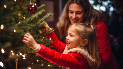 Fototapeta na wymiar Happy parent helping their daughter decorate the house christmas tree , smiling young girl enjoying festive activities concept
