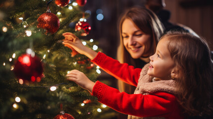 Happy parent helping their daughter decorate the house christmas tree , smiling young girl enjoying festive activities concept