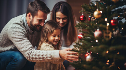 Happy parent helping their daughter decorate the house christmas tree , smiling young girl enjoying festive activities concept - obrazy, fototapety, plakaty