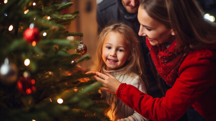 Obraz na płótnie Canvas Happy parent helping their daughter decorate the house christmas tree , smiling young girl enjoying festive activities concept