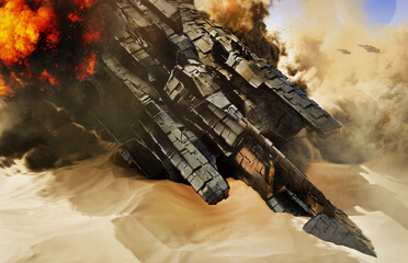crashed ship on alien planet. 3D illustration