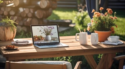 businessman's outdoor workspace or outside office while he is at home. 