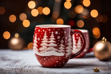 Cup for hot drinks. Preparing for festive dinner. Merry christmas and happy new year concept - Powered by Adobe
