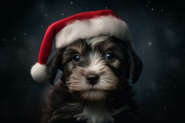 Cute puppy in Santa Claus hat or christmas red cap. AI generated, human enhanced
