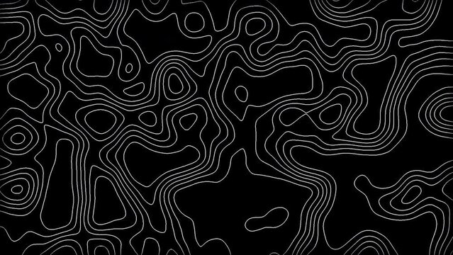 Black and white seamless pattern. Abstract animated outline topographic contour map. Moving waves on black background. 4K looped animation. Geometric seamless composition with moving striped pattern.
