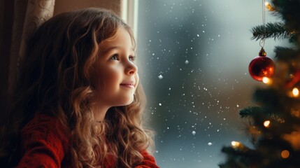 A little girl looking out a window at a christmas tree - obrazy, fototapety, plakaty