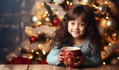 Obraz na płótnie Canvas A little girl sitting at a table holding a cup