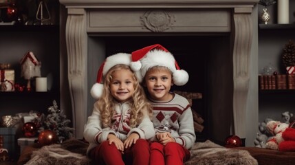 Fototapeta na wymiar Two little girls wearing santa hats sitting in front of a fireplace