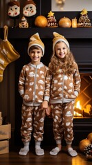 Two little girls standing next to each other in front of a fireplace