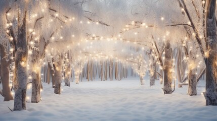 A snow covered forest filled with lots of white lights