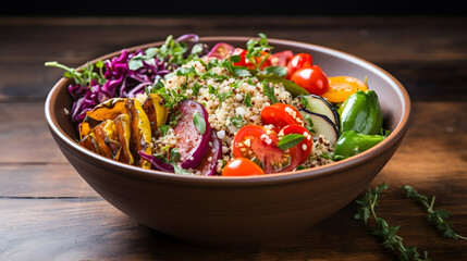 A bowl brims with a colorful mix of quinoa, roasted vegetables, and fresh herbs. The high-definition photography captures the vibrancy of each ingredient, showcasing the beauty of nutritious eating.