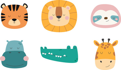 Cute wild safari jungle animals. Tiger, lion, sloth, hippo, crocodile, giraffe. Cute vector animal faces © Anna Yakushenko