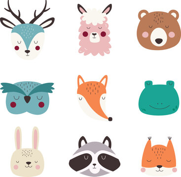 Set of forest animals faces in Scandinavian style. Colorful vector portraits of wild animals