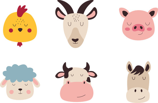 Cute vector animal faces.Cute farm and pet animals for different designs