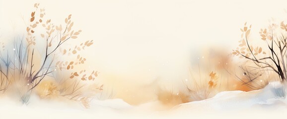 Winter background with watercolor-style branches and texture., muted colored banner, card.