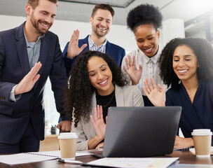 Business people, laptop and wave in video call for virtual meeting, presentation and global consulting in office. Diversity, group and team greeting hello on computer for webinar, voip and conference