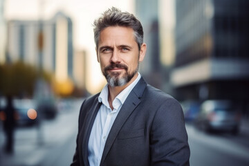 Portrait of a 40 years old man, light unshaven, casual business style with suit shirt but no tie , modern city background