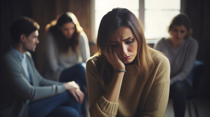 Sad depressed Woman at support group meeting for mental health and addiction issues in anonymous...