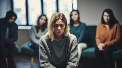 Sad depressed Woman at support group meeting for mental health and addiction issues in anonymous community space with many people around - obrazy, fototapety, plakaty