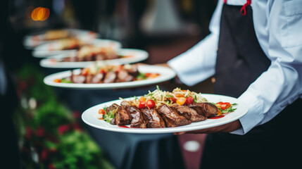 Waiter carrying plates with meat dish on some festive event, party or wedding reception restaurant