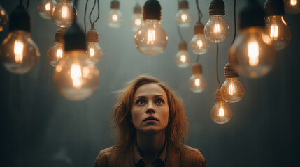 Woman in middle of lit up light bulbs on the ceiling , idea concept picture