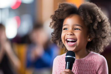 Young girl at talent show singing with a mike