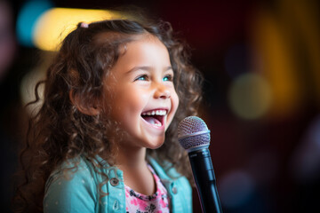 Young girl at talent show singing with a mike